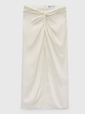 NWT Zara Ecru Knotted Satin Midi Skirt with Front Slit